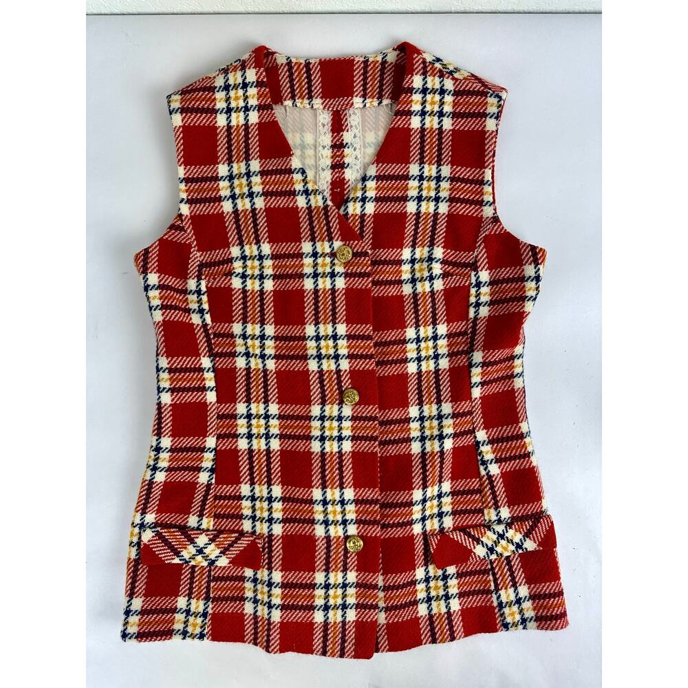 Red Tartan Plaid Vest Gold Crest Buttons Dark Academia Holiday 70s Retro Medium